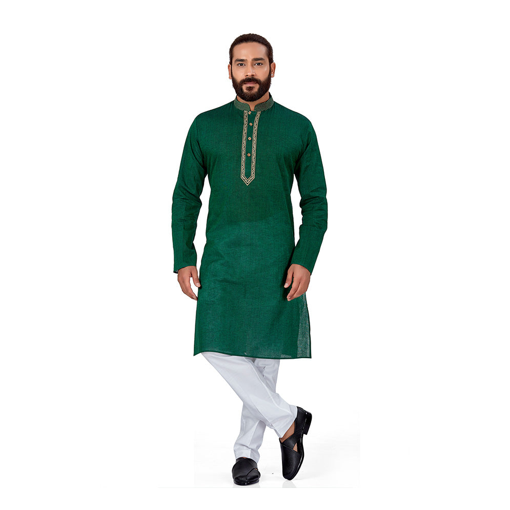 Ajay Arvindbhai Khatri Men's EMB Cotton Handloom Green Kurta