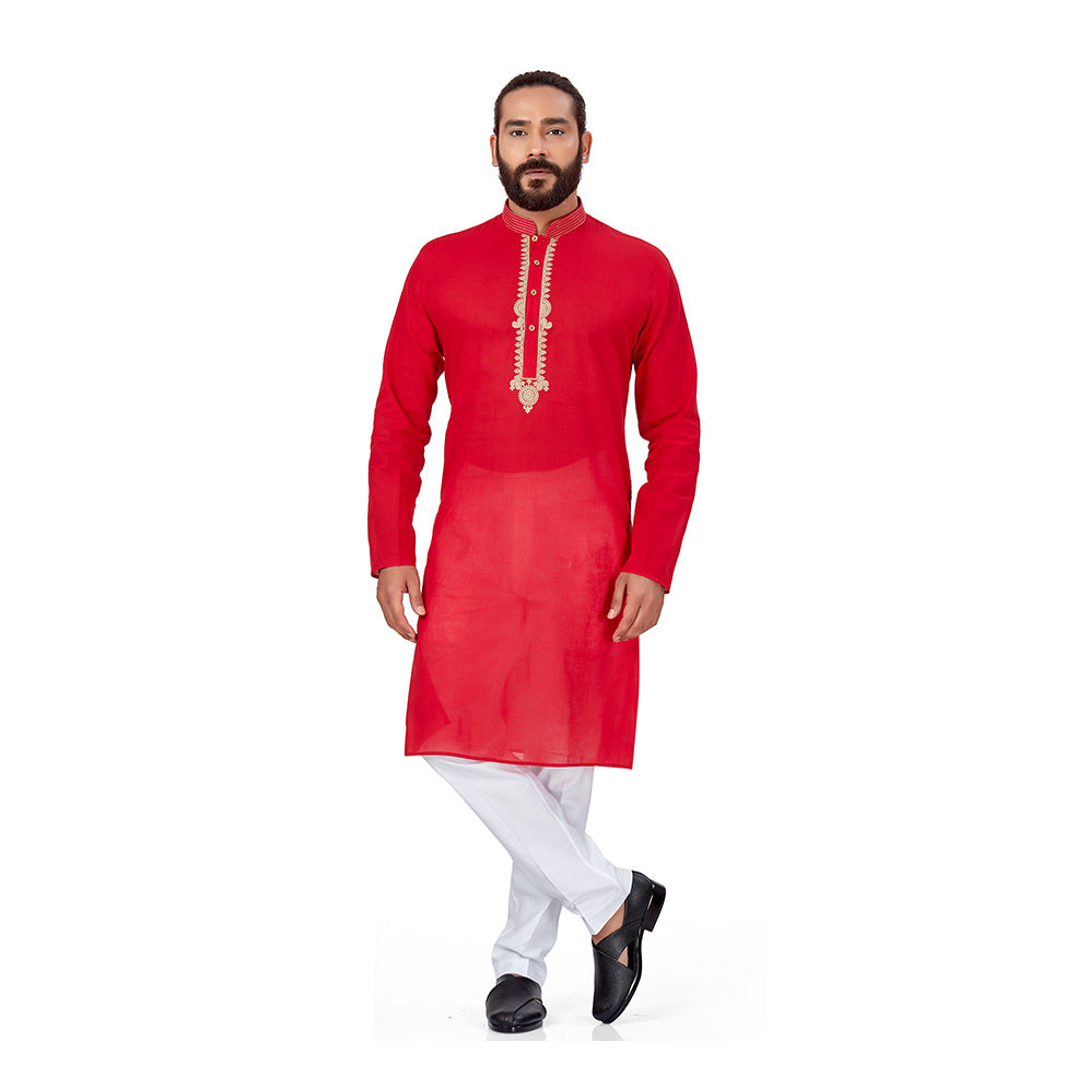 Ajay Arvindbhai Khatri Men's EMB Cotton Handloom RedKurta