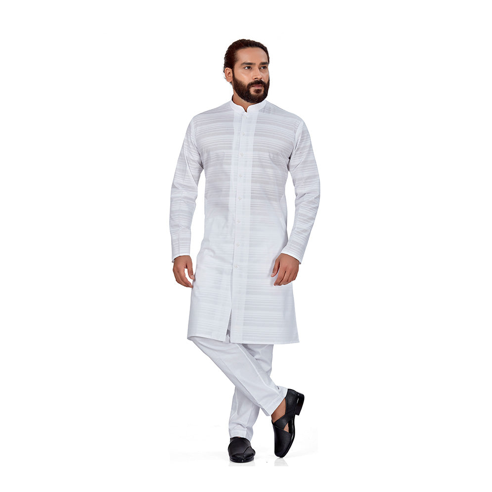 Ajay Arvindbhai Khatri Men's Pure Cotton White Horizontal Stripes Kurta