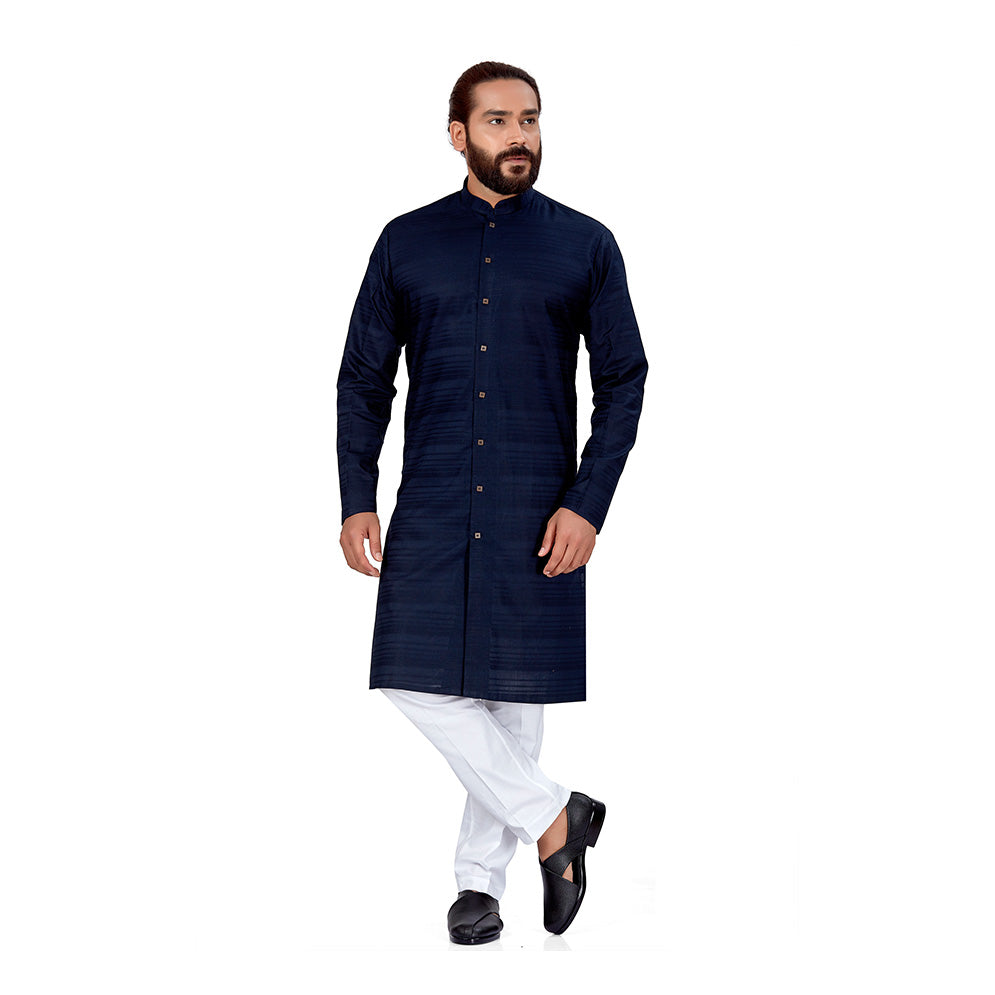 Ajay Arvindbhai Khatri Men's Pure Cotton Navy Blue Horizontal Stripes Kurta