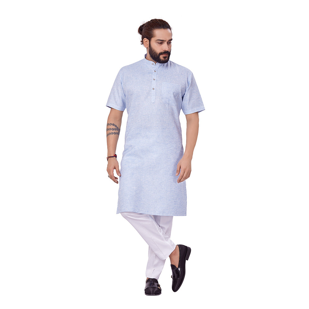 Ajay Arvindbhai Khatri Men's Linen Straight Modi Style Kurta Sky Blue Colour