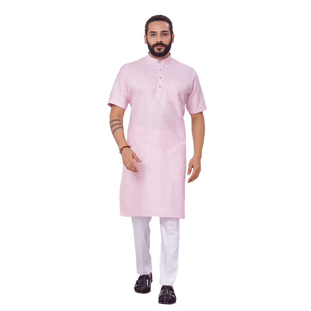 Ajay Arvindbhai Khatri Men's Linen Straight Modi Style Kurta Pink Colour