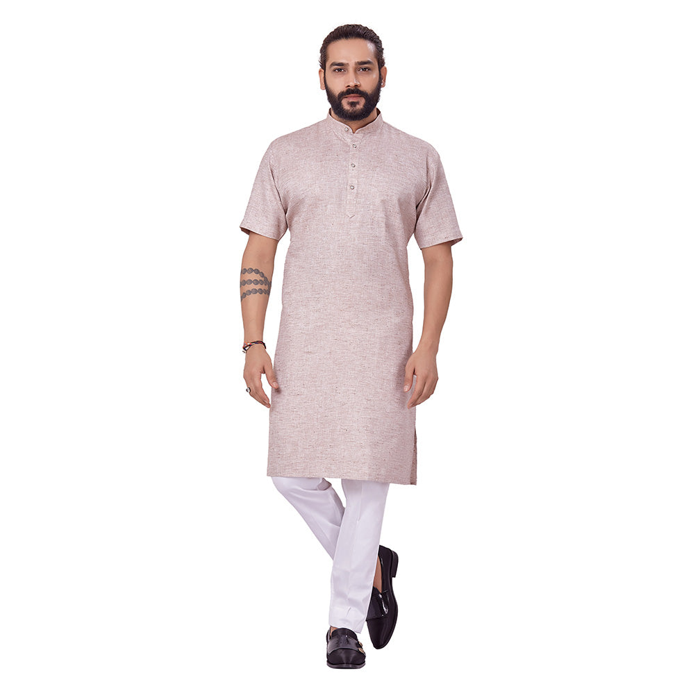 Ajay Arvindbhai Khatri Men's Linen Straight Modi Style Kurta Brown Colour