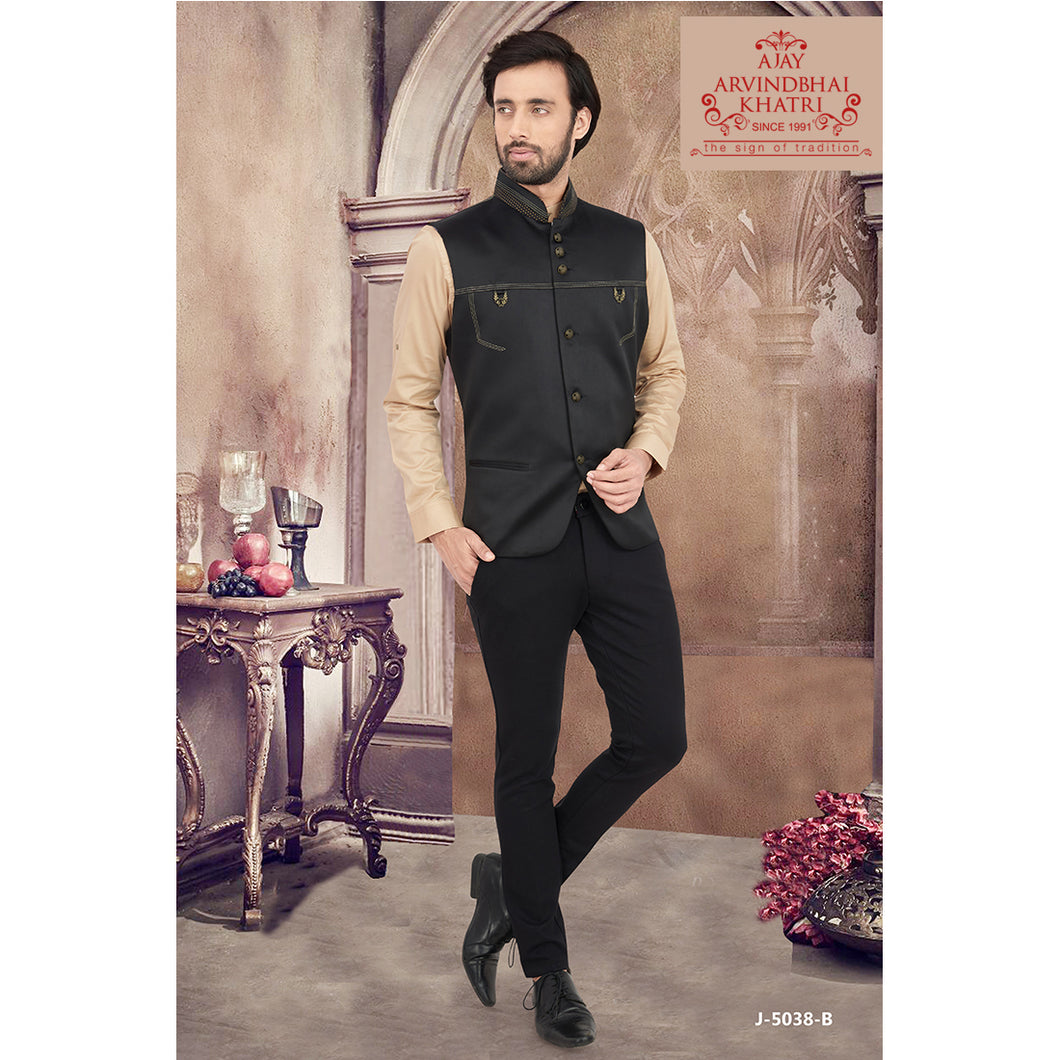 Ajay Arvindbhai Khatri Men's IMP Stain Fabric Regular Nehru Jacket Black Colour