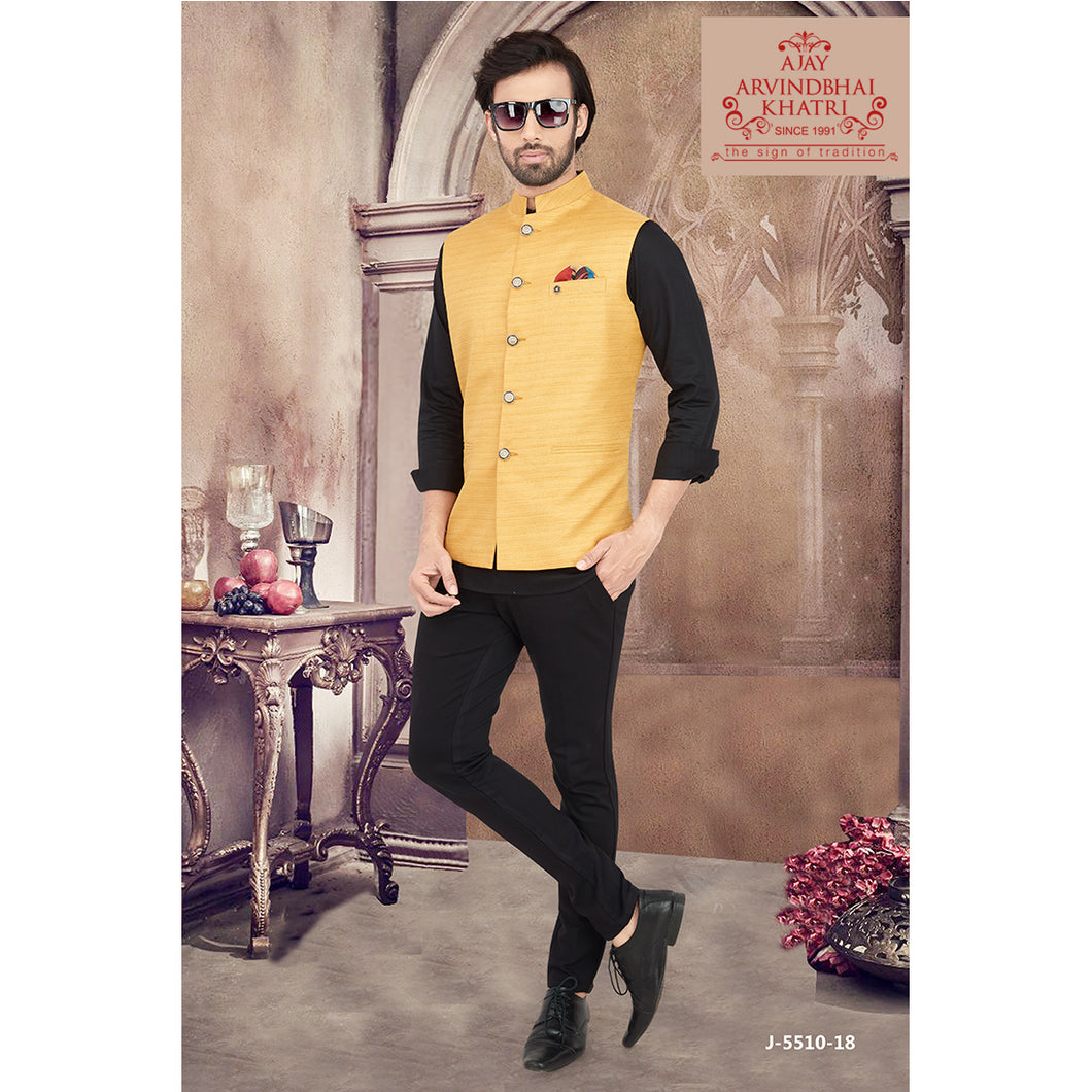 Ajay Arvindbhai Khatri Men's Italian Fabric Regular Nehru Jacket Yellow Colour
