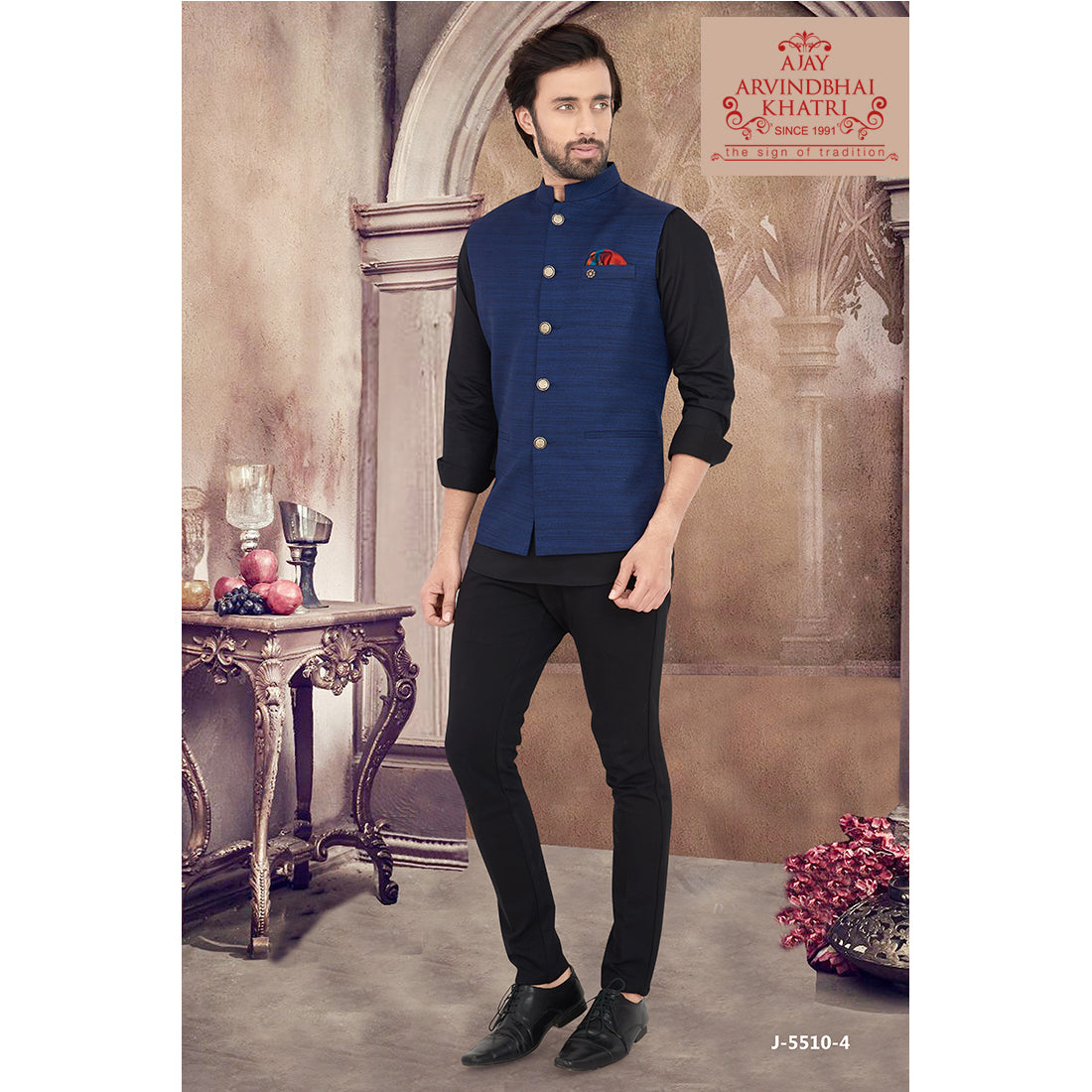 Ajay Arvindbhai Khatri Men's Italian Fabric Regular Nehru Jacket Navy Blue Colour