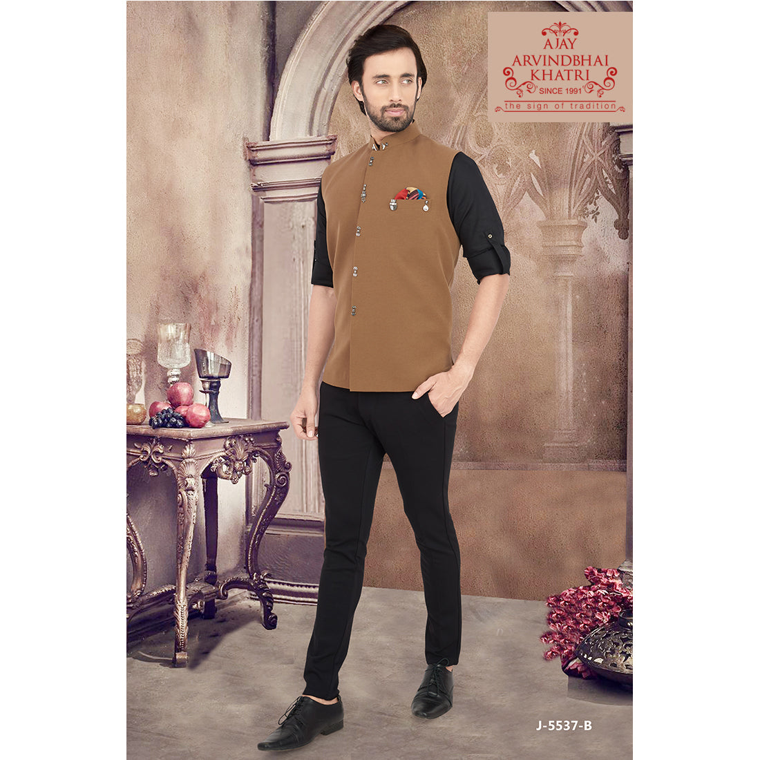 Ajay Arvindbhai Khatri Men's Velvet Fabric Regular Nehru Jacket Light Brown Color