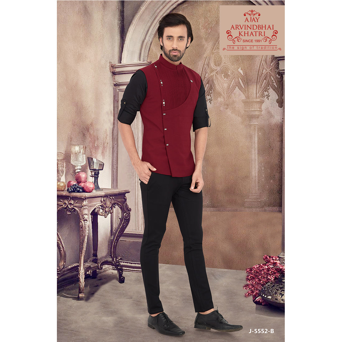 Ajay Arvindbhai Khatri Men's Italian Fabric Regular Nehru Jacket Maroon Colour