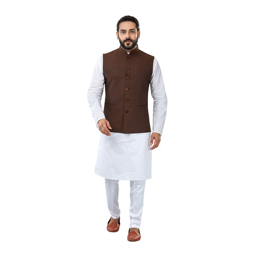 mens coffee brown colour kurta pajama set with nehru jacket