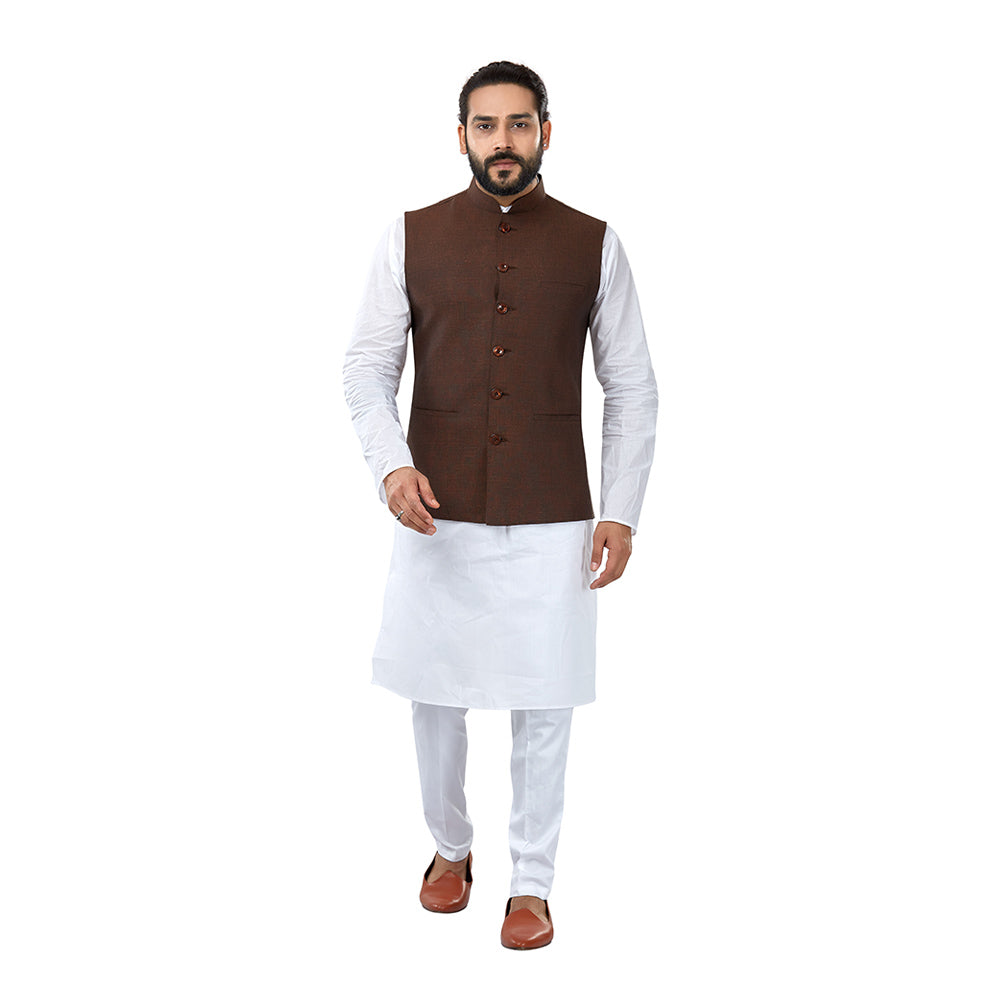 Ajay Arvindbhai Khatri Men's Cotton Straight Kurta Pyjama Set & Jute Nehru Jacket Coffee Brown Colour