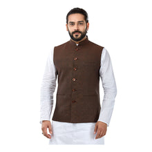 Load image into Gallery viewer, Ajay Arvindbhai Khatri Men&#39;s Cotton Straight Kurta Pyjama Set &amp; Jute Nehru Jacket Coffee Brown Colour
