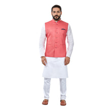Load image into Gallery viewer, Ajay Arvindbhai Khatri Men&#39;s Cotton Straight Kurta Pyjama Set &amp; Jute Nehru Jacket Pink Colour

