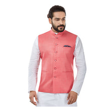 Load image into Gallery viewer, Ajay Arvindbhai Khatri Men&#39;s Cotton Straight Kurta Pyjama Set &amp; Jute Nehru Jacket Pink Colour
