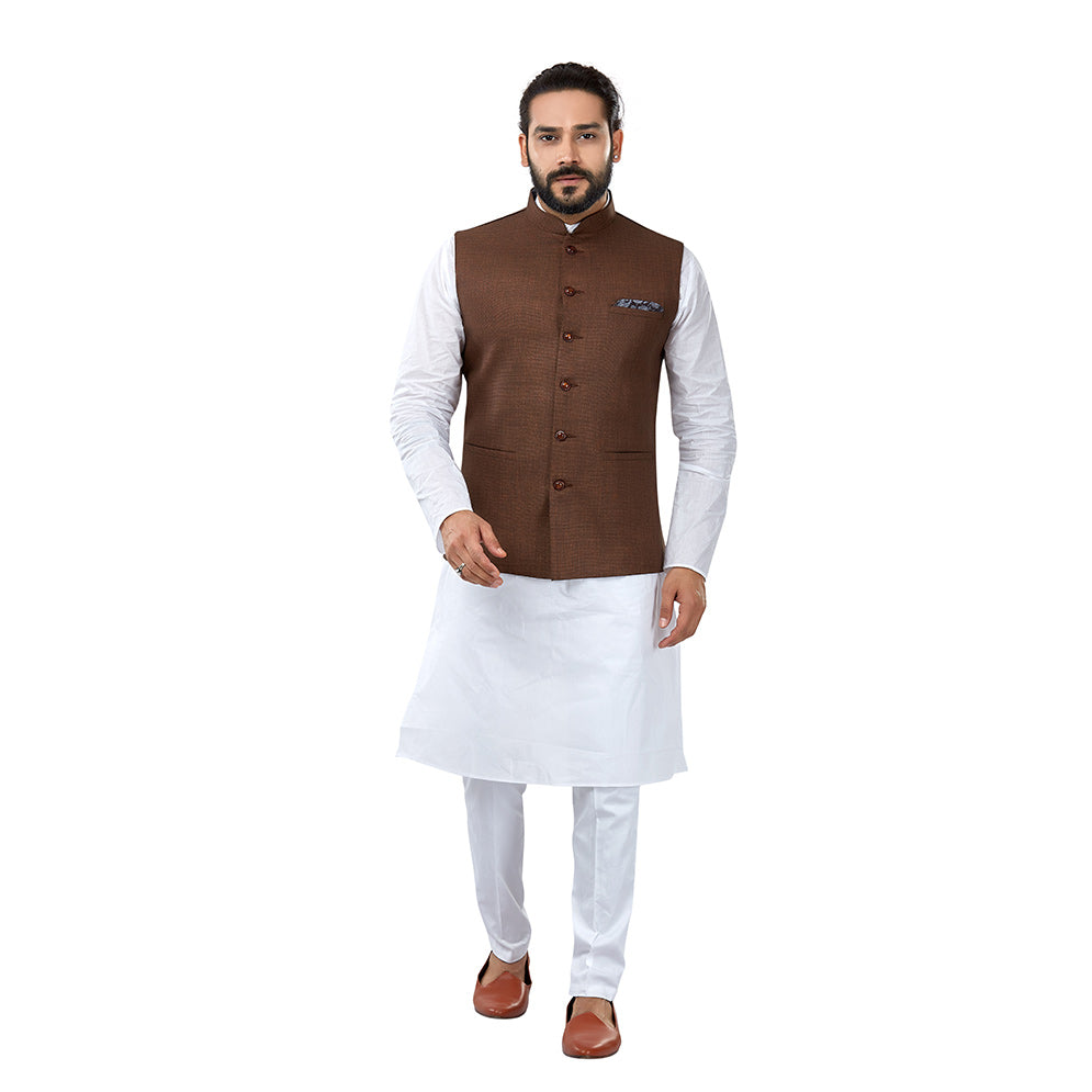 Ajay Arvindbhai Khatri Men's Cotton Straight Kurta Pyjama Set Jute Nehru Jacket Brown Colour