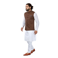 Load image into Gallery viewer, Ajay Arvindbhai Khatri Men&#39;s Cotton Straight Kurta Pyjama Set &amp; Jute Nehru Jacket Brown Colour
