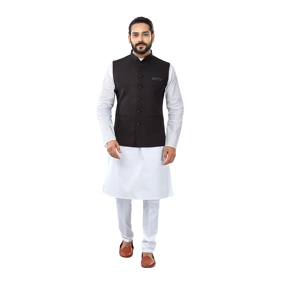 Ajay Arvindbhai Khatri Men's Cotton Straight Kurta Pyjama Set & Jute Nehru Jacket Black Colour