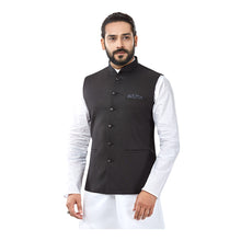 Load image into Gallery viewer, mens black colour kurta pajama nehru jacket set
