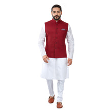 Load image into Gallery viewer, mens maroon colour kurta pajama set with nehru jacket
