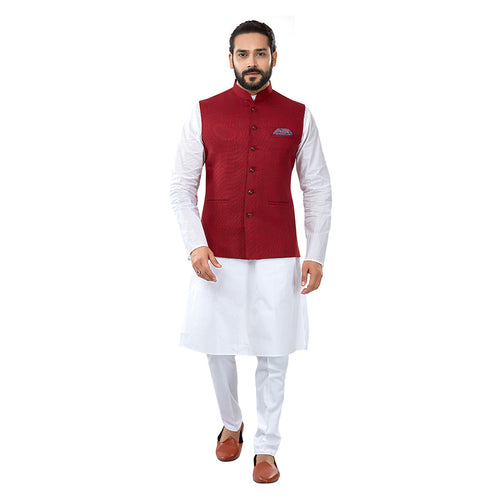 mens maroon colour kurta pajama set with nehru jacket
