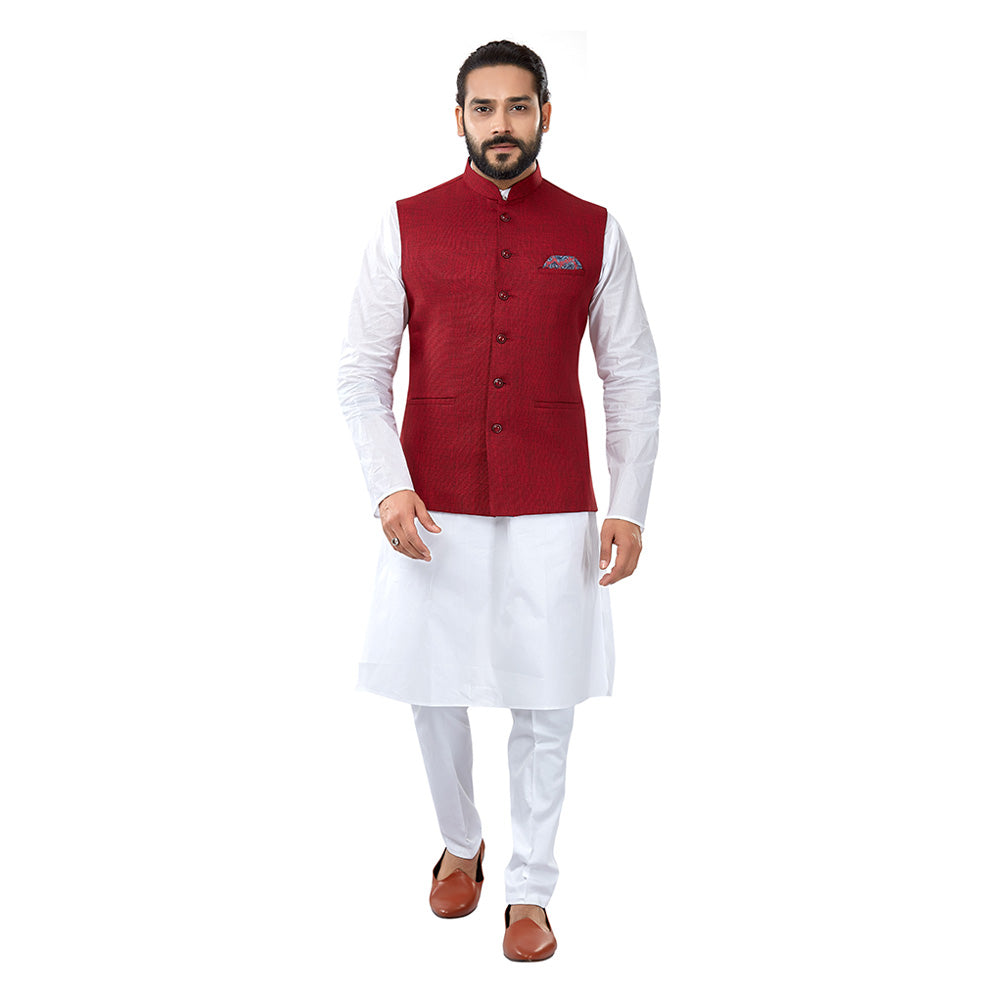 mens maroon colour kurta pajama set with nehru jacket