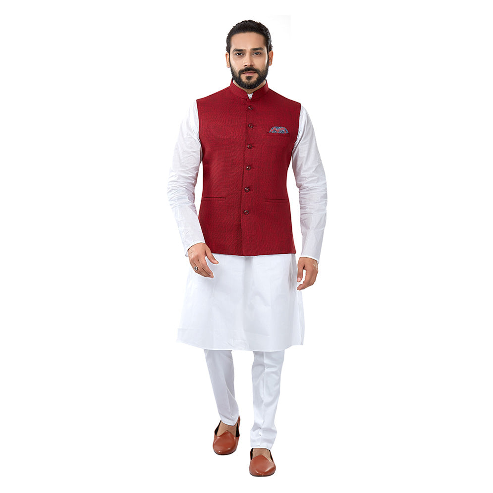 Ajay Arvindbhai Khatri Men's Cotton Straight Kurta Pyjama Set & Jute Nehru Jacket Maroon Colour