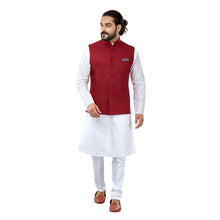 Load image into Gallery viewer, Ajay Arvindbhai Khatri Men&#39;s Cotton Straight Kurta Pyjama Set &amp; Jute Nehru Jacket Maroon Colour
