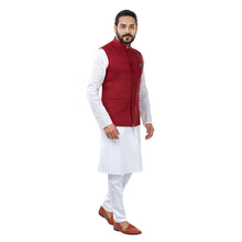 Load image into Gallery viewer, mens maroon colour kurta pajama set with nehru jacket
