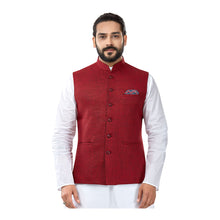 Load image into Gallery viewer, mens maroon colour kurta pajama set with nehru jacket
