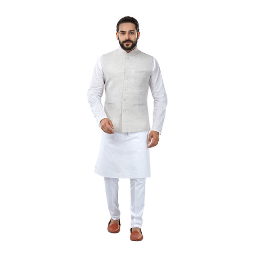 mens grey colour kurta pajama set with nehru jacket