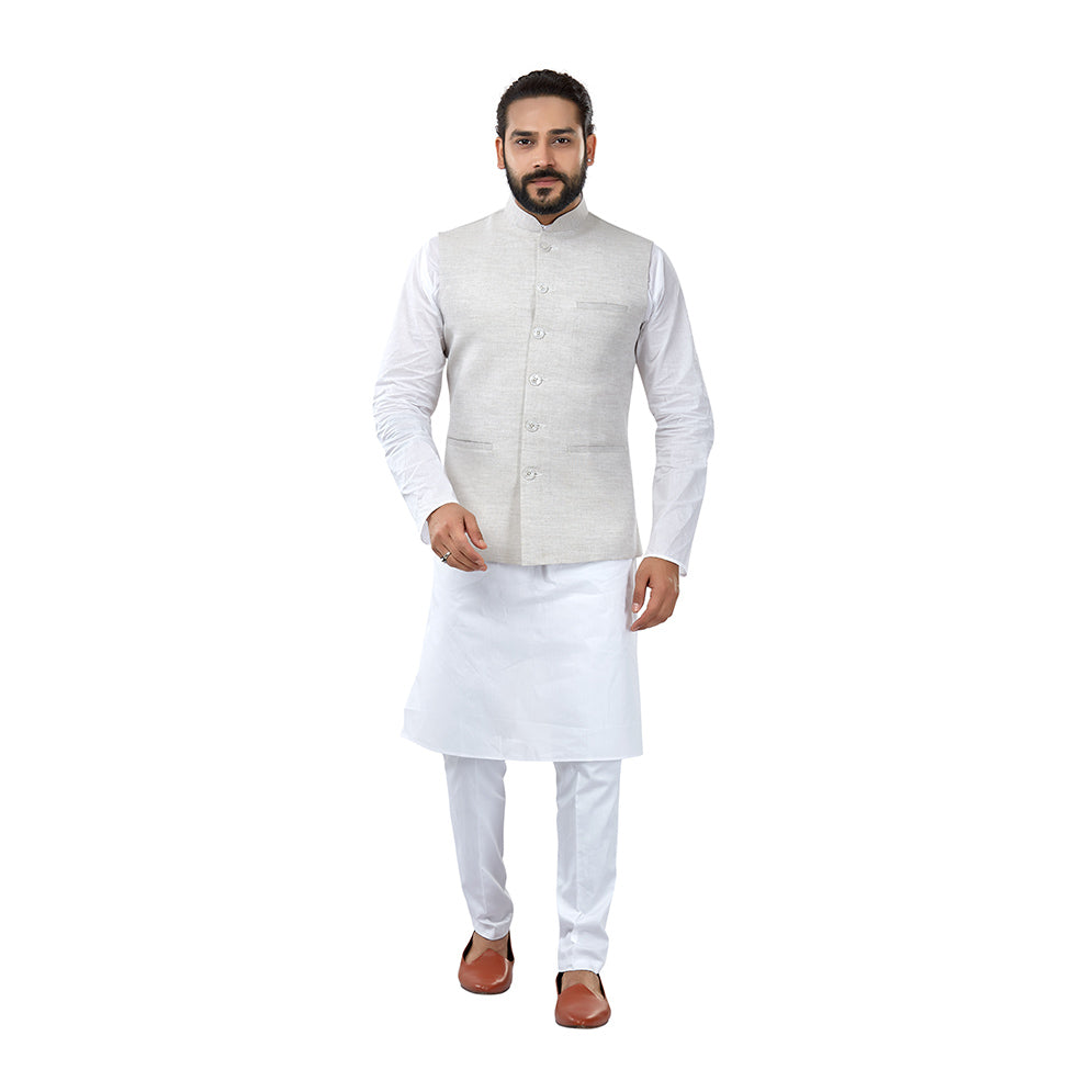 Ajay Arvindbhai Khatri Men's Cotton Straight Kurta Pyjama Set & Jute Nehru Jacket Natural Grey Colour