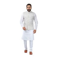mens grey colour kurta pajama set with nehru jacket