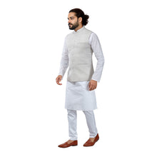 Load image into Gallery viewer, Ajay Arvindbhai Khatri Men&#39;s Cotton Straight Kurta Pyjama Set &amp; Jute Nehru Jacket Natural Grey Colour
