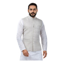 Load image into Gallery viewer, Ajay Arvindbhai Khatri Men&#39;s Cotton Straight Kurta Pyjama Set &amp; Jute Nehru Jacket Natural Grey Colour
