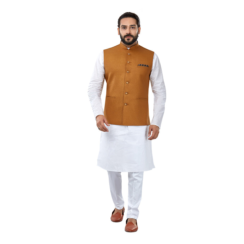 Ajay Arvindbhai Khatri Men's Cotton Straight Kurta Pyjama Set & Jute Nehru Jacket Mustard Colour