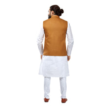 Load image into Gallery viewer, Ajay Arvindbhai Khatri Men&#39;s Cotton Straight Kurta Pyjama Set &amp; Jute Nehru Jacket Mustard Colour
