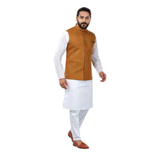 Load image into Gallery viewer, Ajay Arvindbhai Khatri Men&#39;s Cotton Straight Kurta Pyjama Set &amp; Jute Nehru Jacket Mustard Colour
