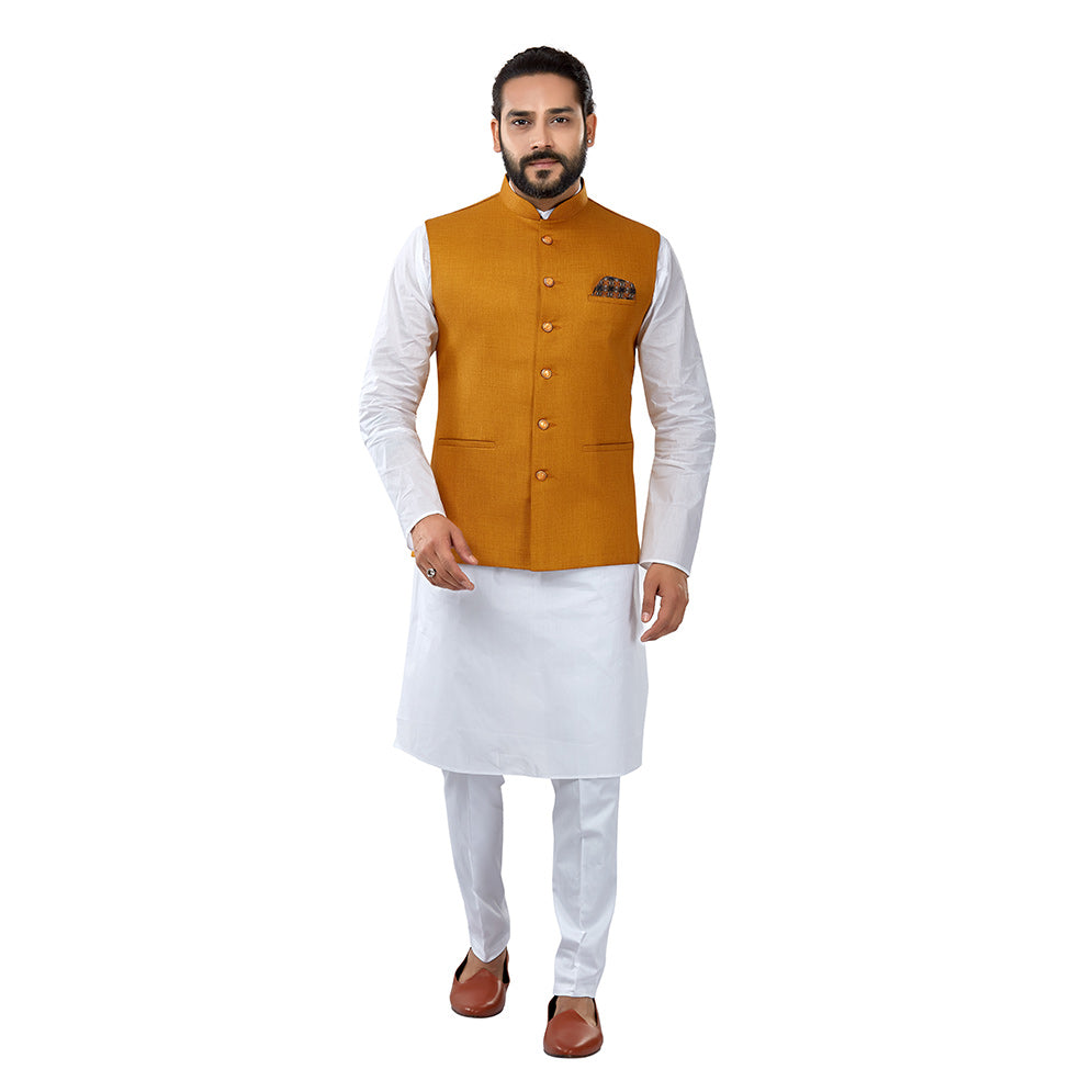 Ajay Arvindbhai Khatri Men's Cotton Straight Kurta Pyjama Set & Jute Nehru Jacket Orange Colour