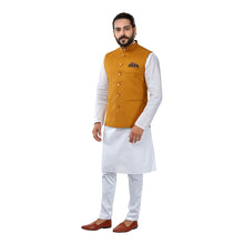 Load image into Gallery viewer, Ajay Arvindbhai Khatri Men&#39;s Cotton Straight Kurta Pyjama Set &amp; Jute Nehru Jacket Orange Colour
