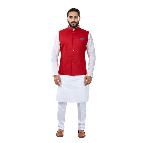 mens red colour kurta pajama set with nehru jacket