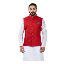 Load image into Gallery viewer, Ajay Arvindbhai Khatri Men&#39;s Cotton Straight Kurta Pyjama Set &amp; Jute Nehru Jacket Red Colour
