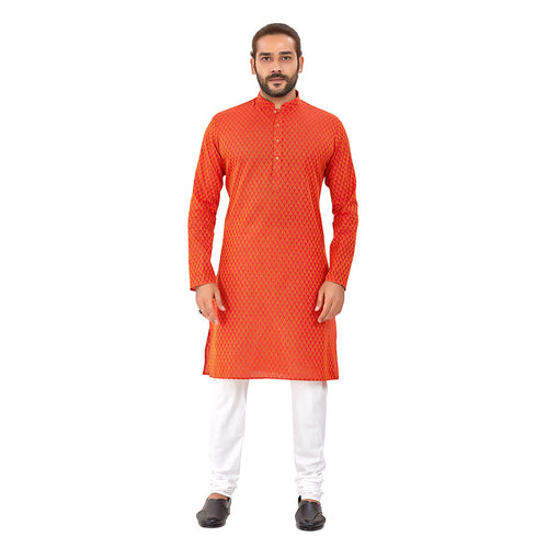 mens orange color cotton printed kurta