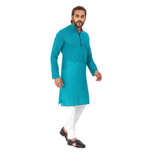 Load image into Gallery viewer, Men&#39;s Pure Cotton Chex Straight fit Turquoise Colour Kurta
