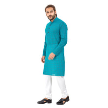 Load image into Gallery viewer, Men&#39;s Pure Cotton Chex Straight fit Turquoise Colour Kurta
