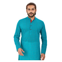 Load image into Gallery viewer, Men&#39;s Pure Cotton Chex Straight fit Turquoise Colour Kurta
