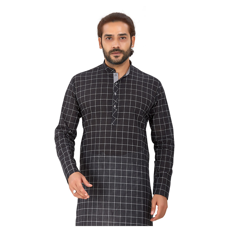 Men's Pure Cotton Chex Straight fit Black_White colour Kurta