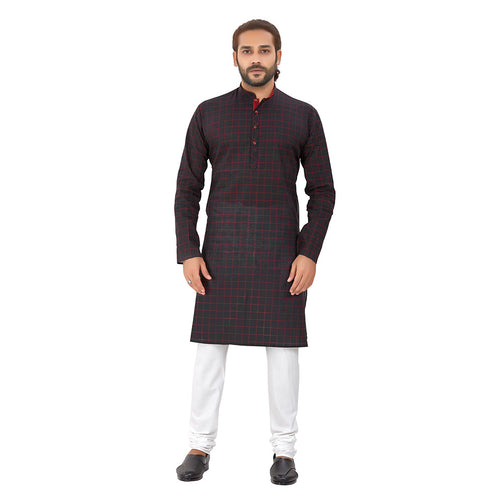 mens black red color cotton checks kurta