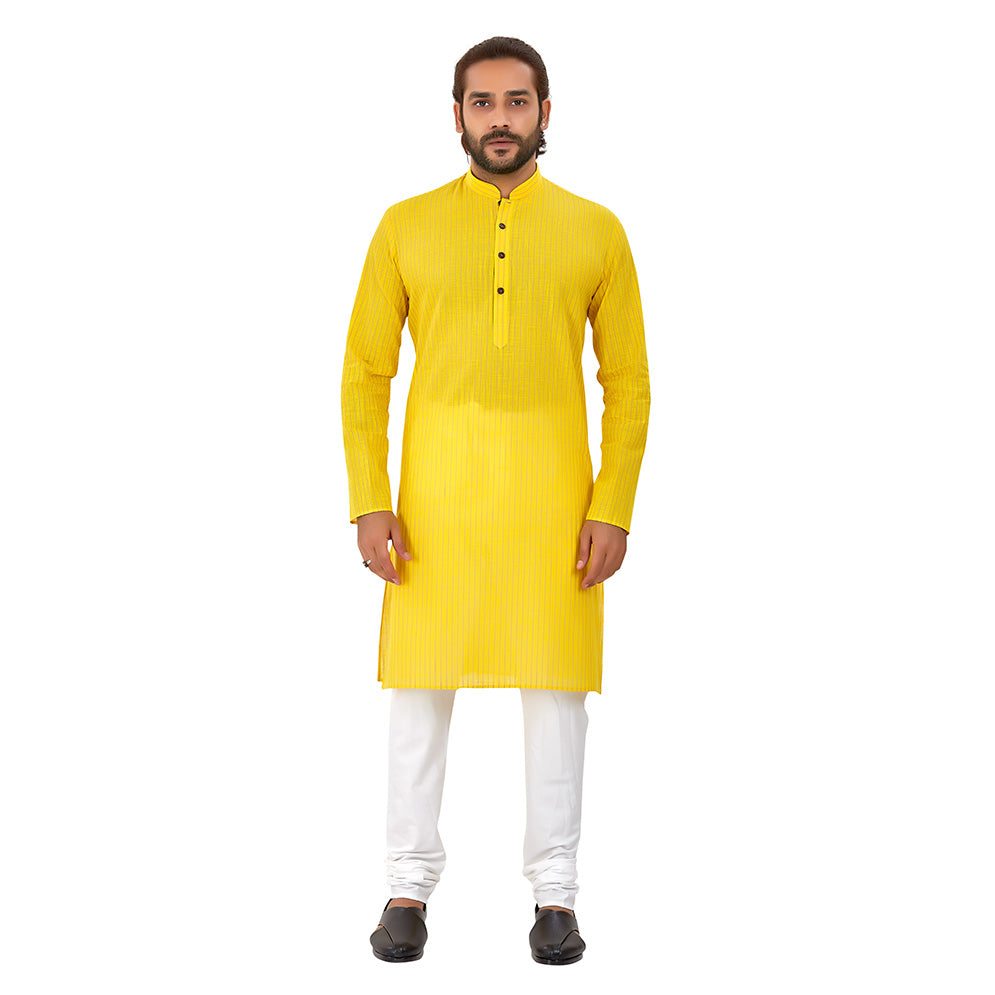 Ajay Arvindbhai Khatri Men's Pure Cotton Regular Linning Kurta Yellow Colour