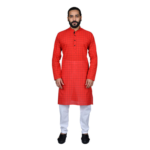 mens red color cotton checks kurta