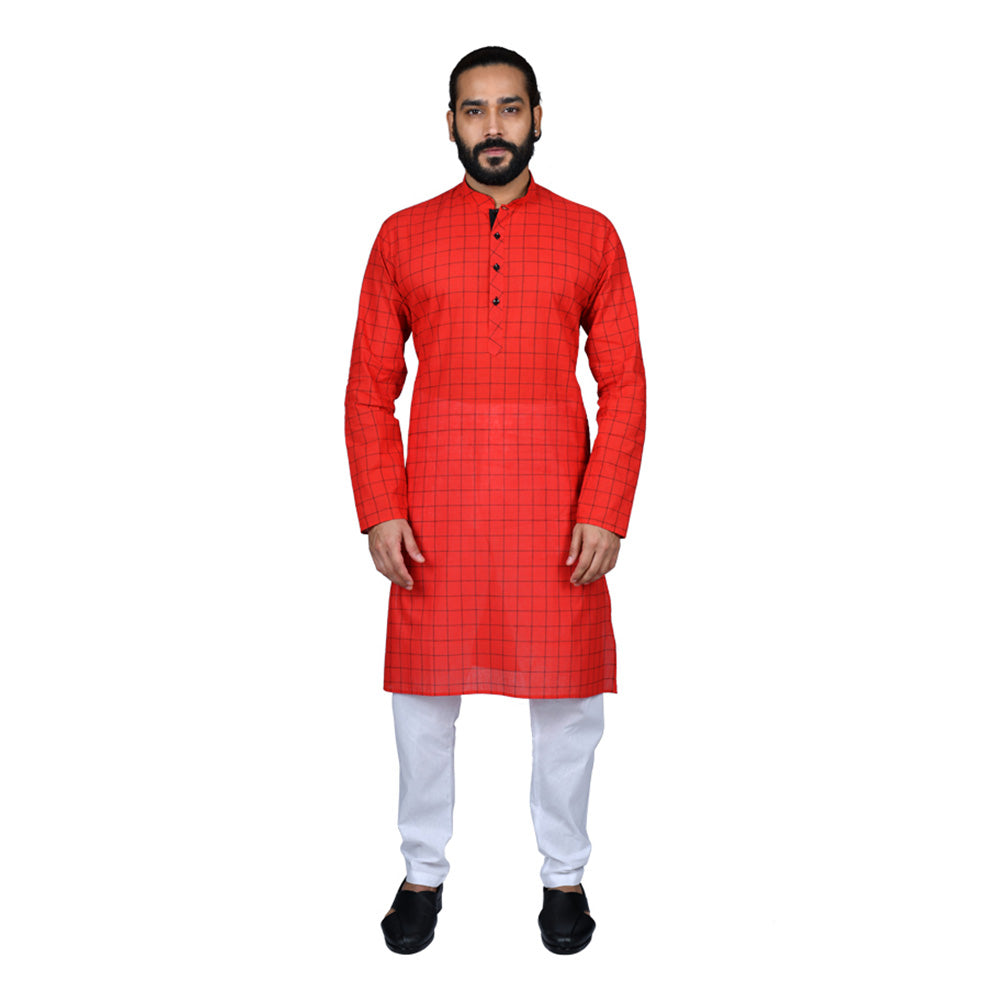 Ajay Arvindbhai Khatri Men's Pure Cotton Regular Checks Kurta Red Colour