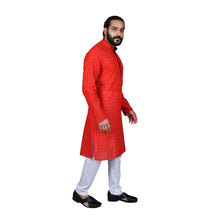 Load image into Gallery viewer, Ajay Arvindbhai Khatri Men&#39;s Pure Cotton Regular Checks Kurta Red Colour
